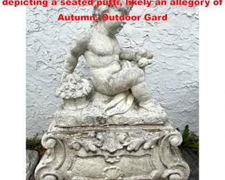 Lot 1706 2 Part Cast stone garden statue depicting a seated putti, likely an allegory of Autumn. Outdoor Gard