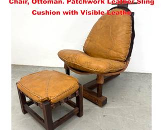 Lot 1537 Brutalist Brazilian style Lounge Chair, Ottoman. Patchwork Leather Sling Cushion with Visible Leathe