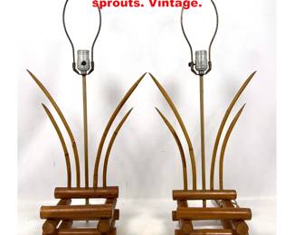 Lot 1350 Pair Wood base lamps with rattan sprouts. Vintage.
