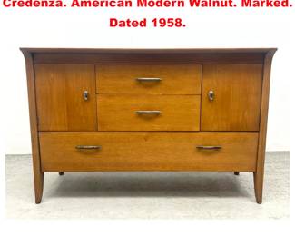 Lot 1391 DREXEL Profile Sideboard Credenza. American Modern Walnut. Marked. Dated 1958. 
