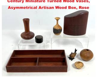 Lot 1521 Studio Woodworking Lot. Mid Century Miniature Turned Wood Vases, Asymmetrical Artisan Wood Box, Rose