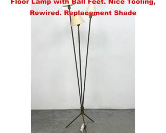 Lot 1468 50s Vintage Italian Brass Tripod Floor Lamp with Ball Feet. Nice Tooling, Rewired. Replacement Shade