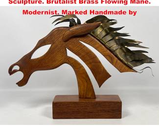 Lot 1430 Mixed Medium Teak Horse Head Sculpture. Brutalist Brass Flowing Mane. Modernist. Marked Handmade by 