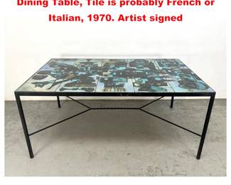 Lot 1307 Good Vintage Tile Top and Iron Dining Table, Tile is probably French or Italian, 1970. Artist signed