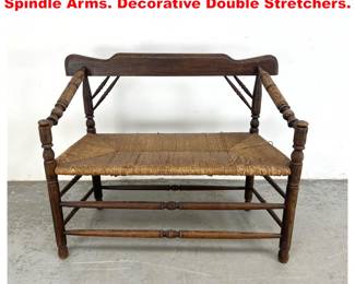 Lot 1561 French Rush Seat Bench. Turned Spindle Arms. Decorative Double Stretchers. 