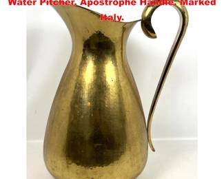 Lot 1591 Italian Modernist Hammered Brass Water Pitcher. Apostrophe Handle. Marked Italy. 