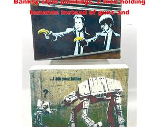 Lot 1296 2pc small canvases Spray art After Banksy style paintings. 2 men holding bananas instead of guns and