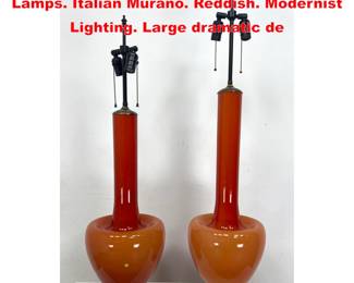 Lot 1270 Pr Long Necked Art Glass Table Lamps. Italian Murano. Reddish. Modernist Lighting. Large dramatic de