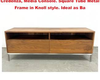 Lot 1216 CRATE and BARREL Walnut Credenza, Media Console. Square Tube Metal Frame in Knoll style. Ideal as Ba