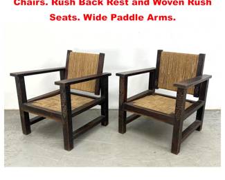 Lot 1425 Pr Vintage French Carved Leg Arm Chairs. Rush Back Rest and Woven Rush Seats. Wide Paddle Arms. 