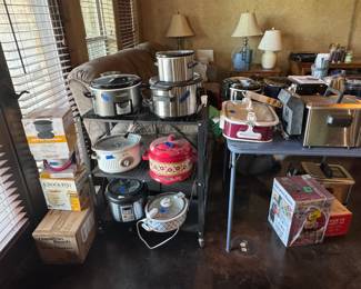 Crockpots and other kitchen appliances. 