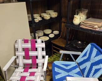 4 Drawer metal file cabinet.  Jewel-T dishes of many types.  Misc glassware.  Aluminum folding chairs.  Blue one is made from macrame cord and very durable.