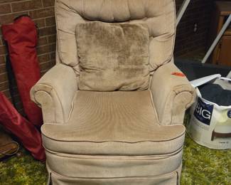 Beige chair and cushion, still comfy, but worn.