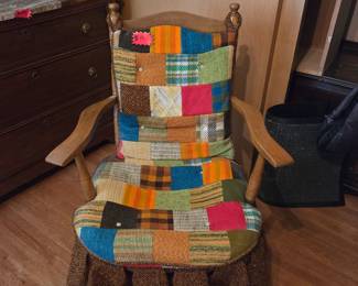 1950's Maple rocker with cute patchwork upholstery.