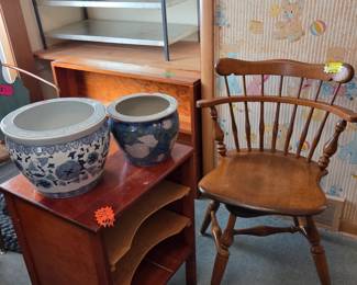 Small, maple swivel chair.  Ceramic pots. Sheet music table.  Twin bed bookshelf headboard.  4 tier Metal shelving unit.
