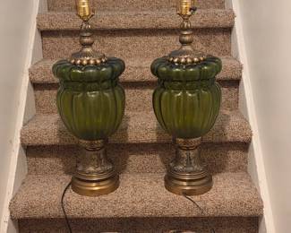 Pair of Vintage lamps with moss green globes and antique bronze finish.  Also pictured, pair of textural ceramic, snakeskin-like planters.