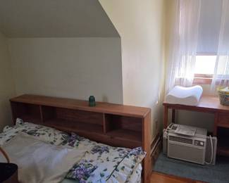 Pine bookcase headboard full size, wooden desk, window air conditioner with manual.