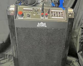 KaraoKing G100 Karaoke Machine. It is a portable, battery-powered speaker system that comes with wireless microphone and a built-in light show, including a disco bal