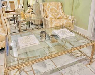 Vintage Gilt Iron Coffee & Side Table w/Beveled Glass Top