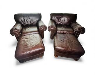 Leather Set 2 Arm Chairs & Ottomans