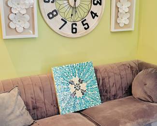 Available For Purchase
Three Seat Sofa
Vintage Style Wall Clock
Framed Floral Decor
