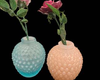 Fenton hobnail glass bud vases in blue and pink with glass flowers