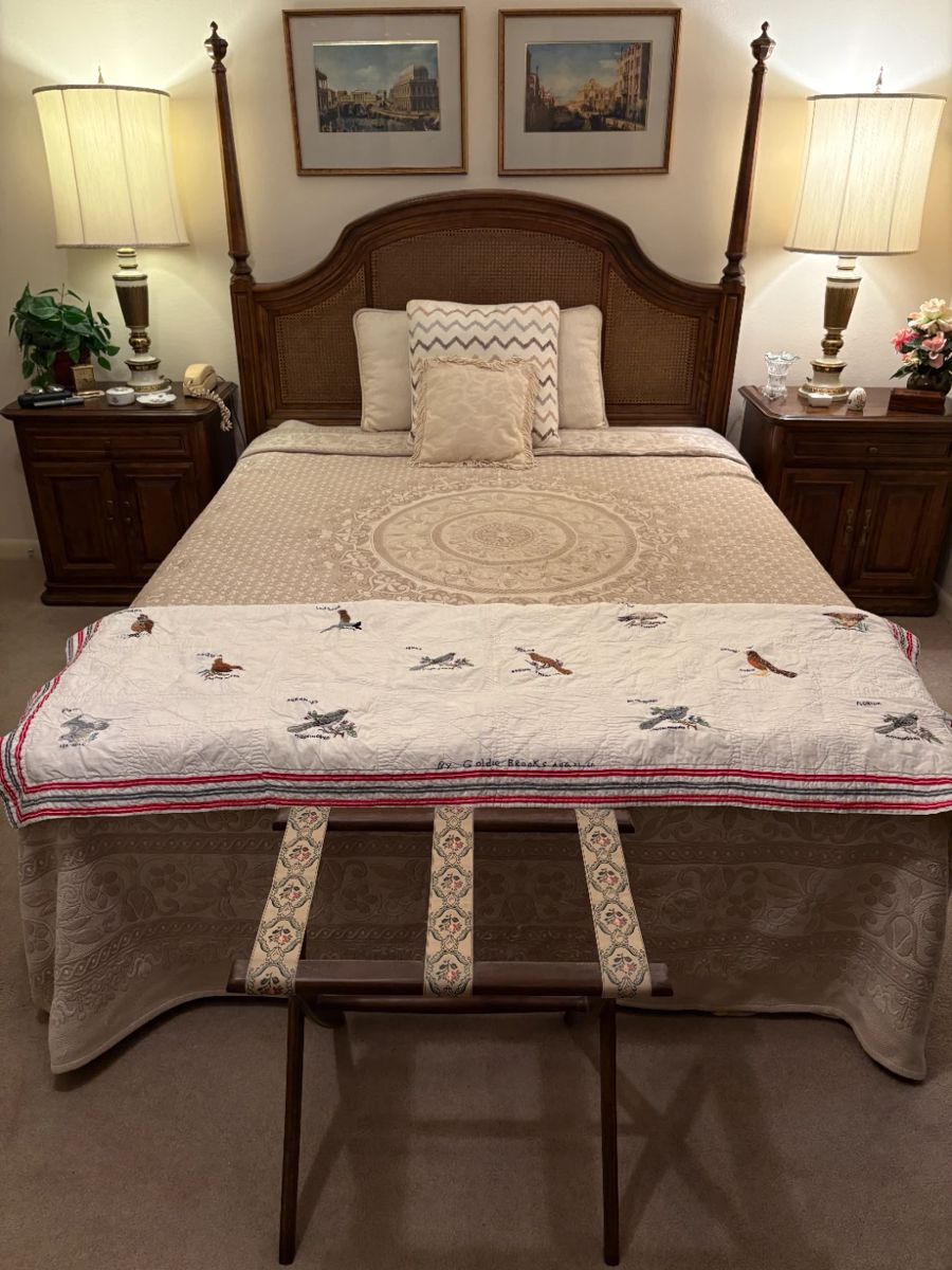 Queen Size Bed, Ethan Allen Bed Side Tables, MCM Lamps, Framed Art