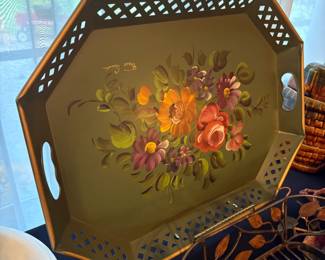 Hand Painted Floral Tole Metal Tray