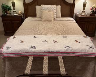 Queen Size Bed, Ethan Allen Bed Side Tables, MCM Lamps, Framed Art