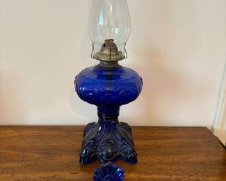 Cobalt Blue “Princess Feather” Oil Lamp, L.E. Smith Art Deco Pleated Fan Cobalt Blue Powder Jar