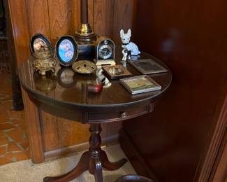 Antique Mahogany Round Glass Top Table with Drawer
