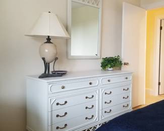 Ficks Reed queen bedroom suite: bed; two nightstands; dresser with mirror