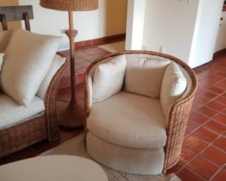 Wicker floor lamp; wicker arm chair