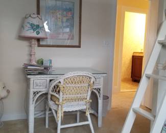 Rattan & wicker writing desk & chair; table lamp