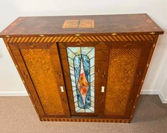 59 Max F. Ilsanker Mastercraftsman Marquetry Slag Glass Panel Bookshelfmin