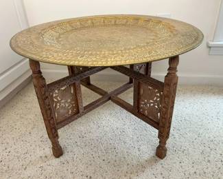 59 Vintage Moroccan Carved Teak Brass Folding Tray Tablemin