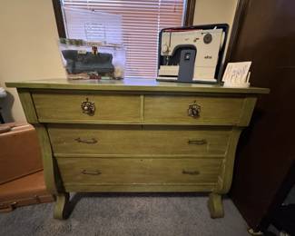 Vintage dresser, Sewing machine and supplies.