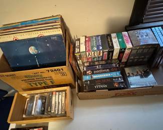 Records, VHS, DVD's, and tape cassettes.