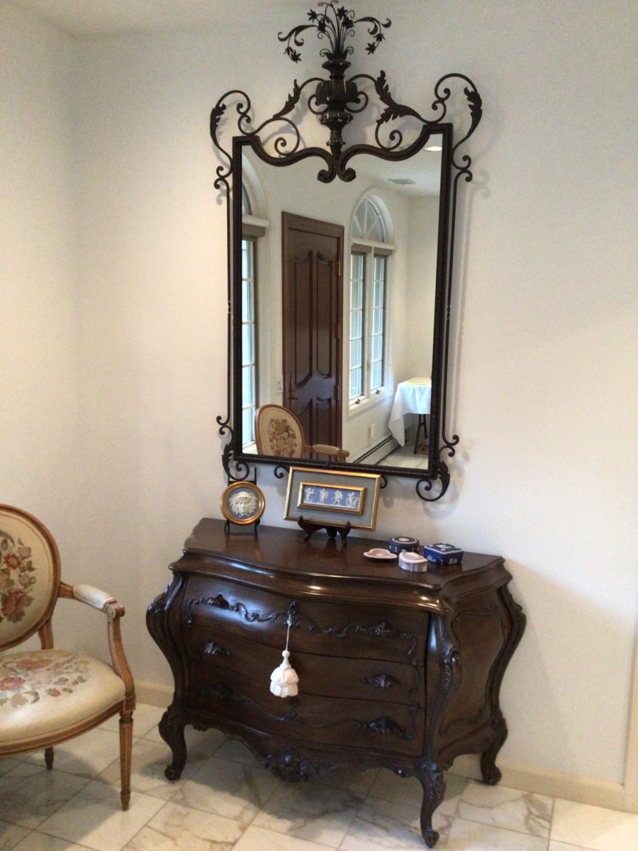 Bombay chest, large wrought iron mirror, Wedgwood collection
