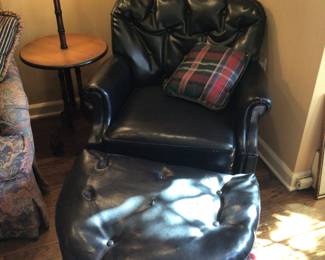 Vtg. Blk. Leather chair & ottoman 55”x30”x32” H