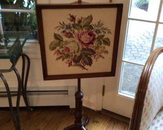 Needlepoint face fire screen 17”x17”x47” H