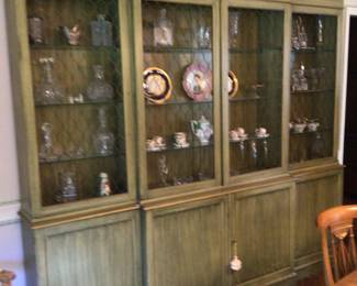 Large painted break front, 2 pieces, glass shelves, lights & chicken wire doors. 8’x 14 3/4” x 90” high.