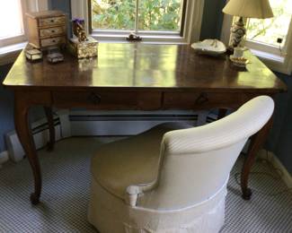 2nd chair, ladies desk w/2 drawers 25”x52”x28” H, Sevres? Lamp, decorative boxes