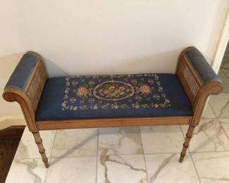Bench with needlepoint upholstery & cane 40”x15”x24” H