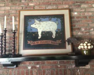 Pig print 35”x32”, candle sticks