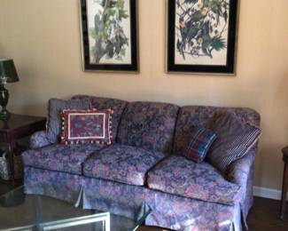 O Henry House sofa 36”x86”x35” H, Audubon prints 28”x38”