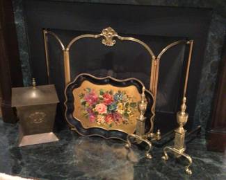 Fire screen, ash metal box, andirons, tole tray