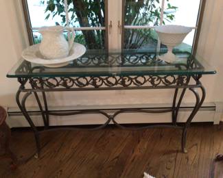 Glass & iron wrought sofa table 18”x52”x29” H, wash bowl with pitcher & compote