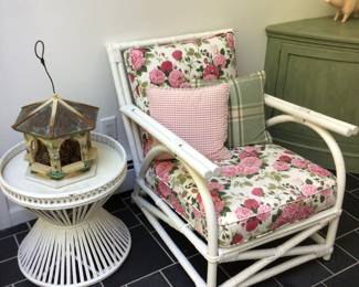 Rattan chair 34”x26”x31” H, sm. Table 18”x18” H
