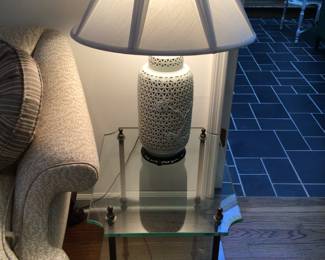 Pair of Vtg. Glass n metal tables 17”x22”x18” H, pair of Blanc De Chine lamps 30” H